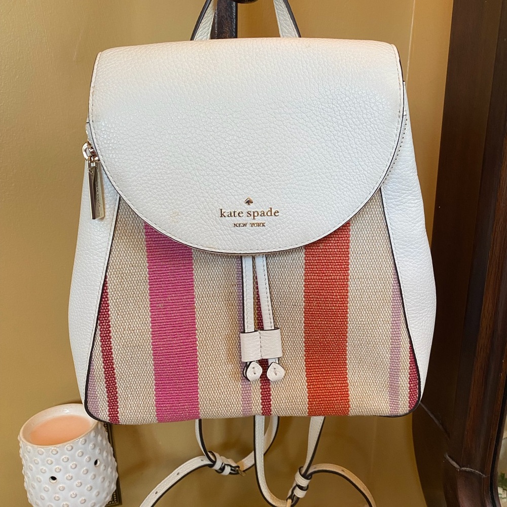 BACKPACK-Kate Spade Modern White Leather Backpack with Drawstring Closure